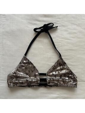 Y2K Metallic Leopard Print Halter Bikini Top MCBling Glam Rock Rave Style
